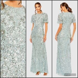 MAC DUGGAL 93932 Blue Flutter Sleeve Sequin High Neck Gown Dress